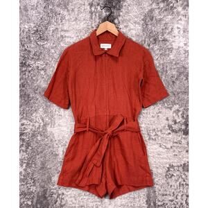 Rivet Utility Romper XXS Womens Burnt Orange Linen Zip Collared Jumpsuit